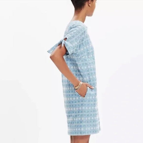 Women's XXS Madewell Blue Embroidered Tie-Sleeve Dress Mini Summer Dress - Picture 3 of 11